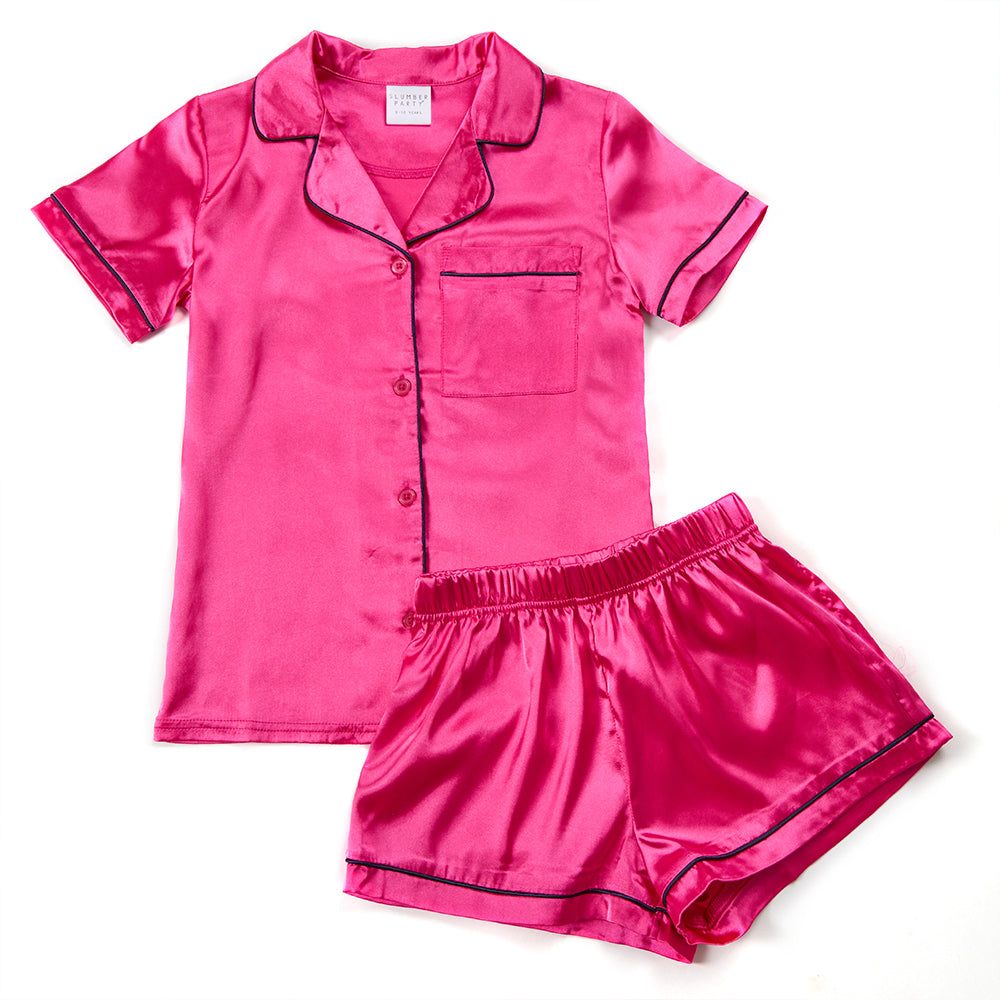 Girls Pink Silky Satin Short Pyjama Set