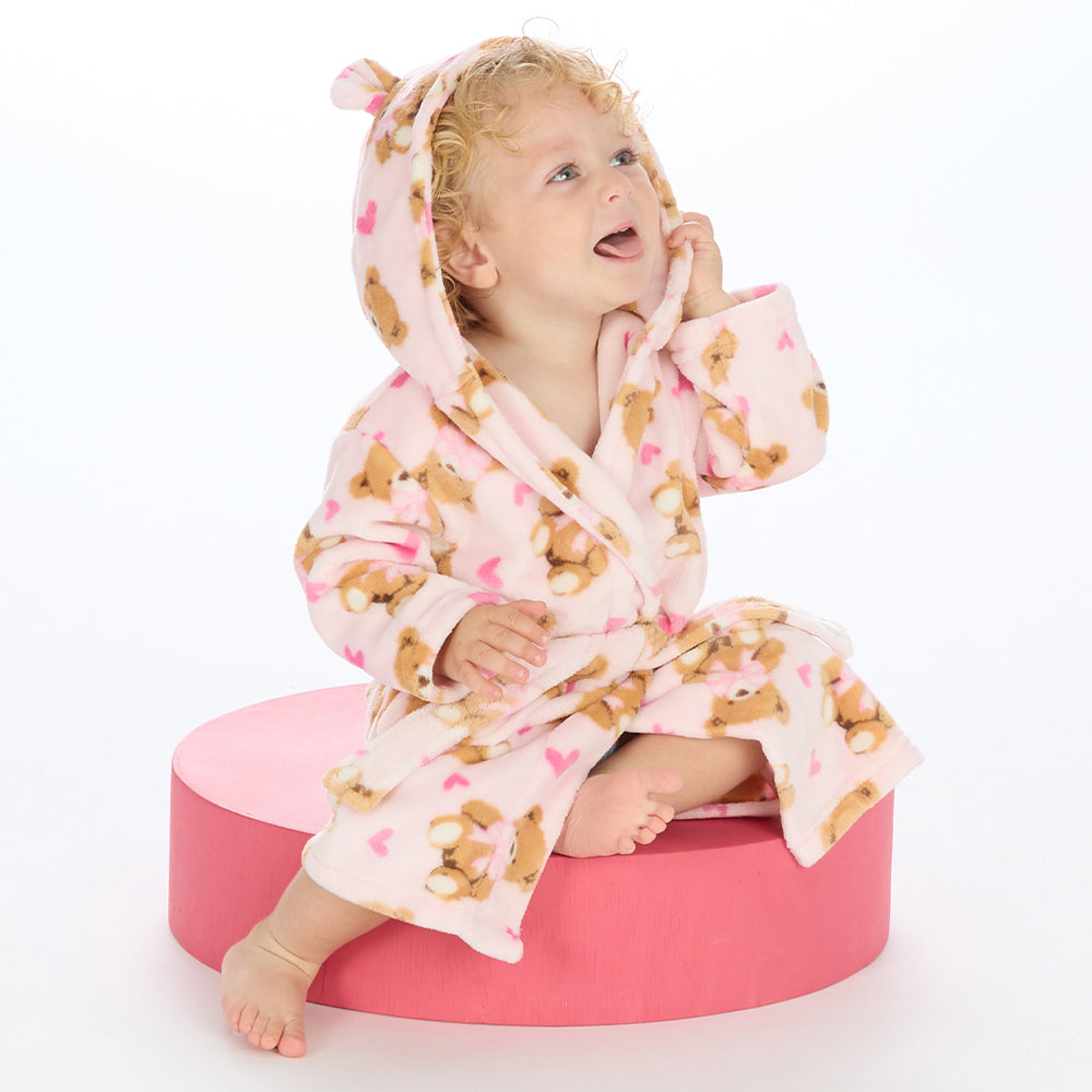 Baby Teddy Print Bear Ears Dressing Gown