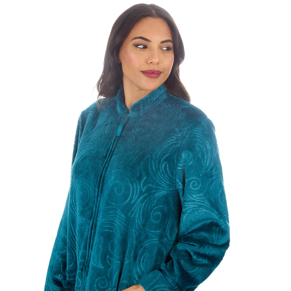 Ladies Full Zip Floral Embossed Teal Dressing Gown