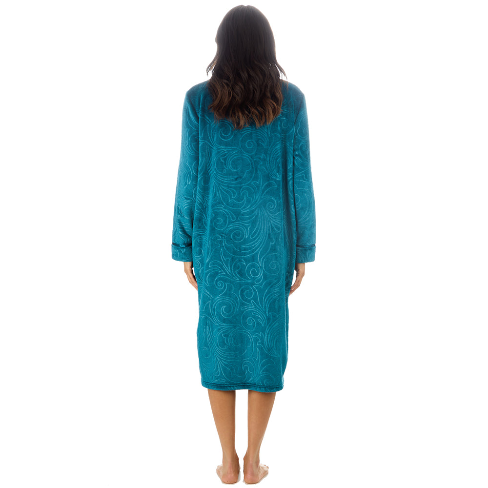 Ladies Full Zip Floral Embossed Teal Dressing Gown