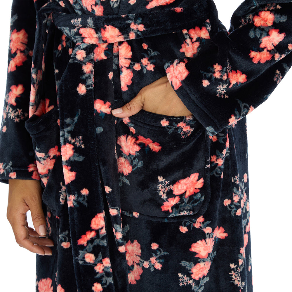 Ladies Floral Print Black Dressing Gown 