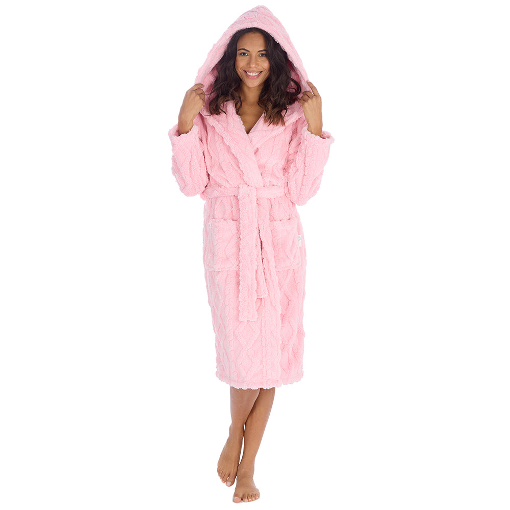 Ladies Candy Pink Jacquard Hooded Dressing Gown