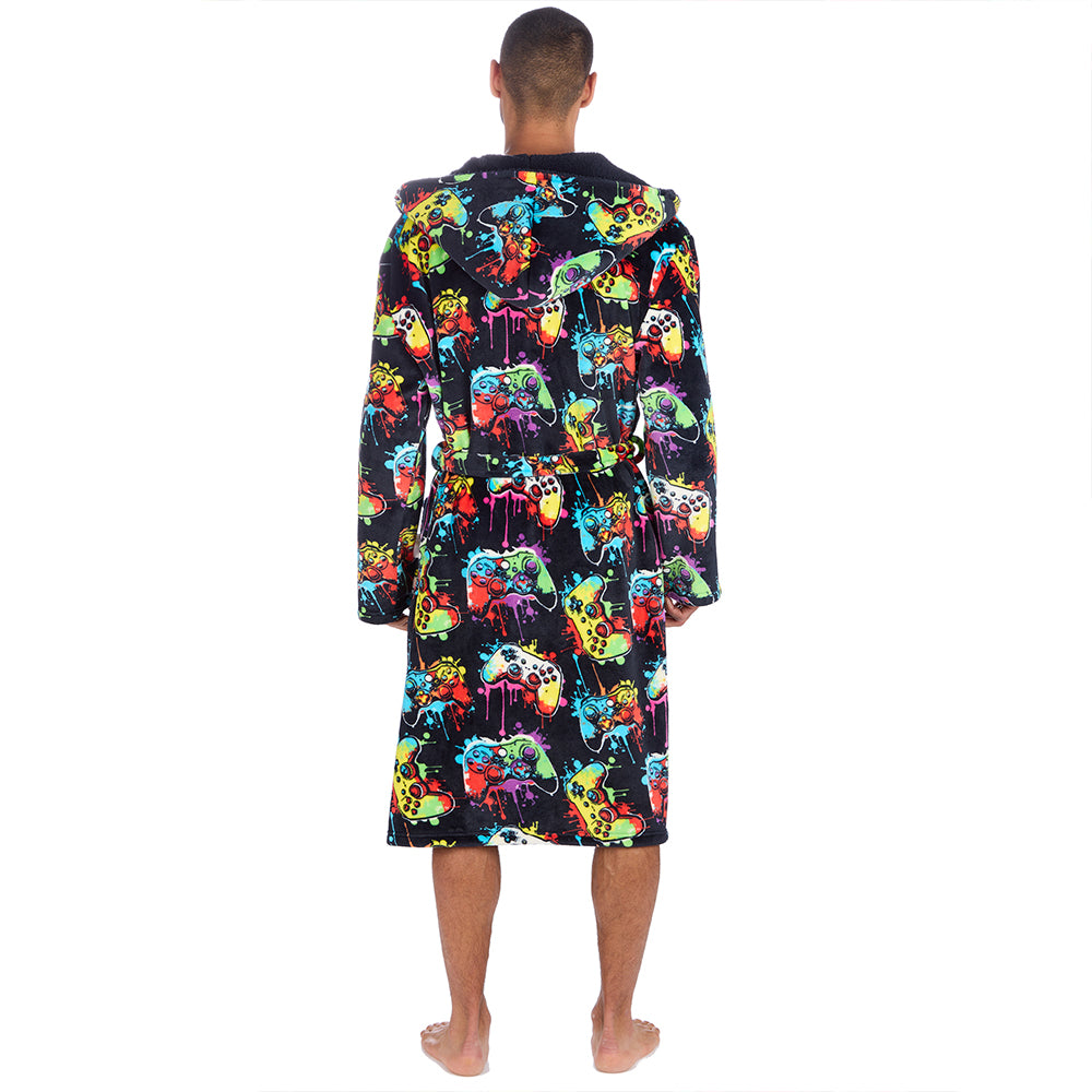 Mens Navy Gamer Hooded Dressing Gown