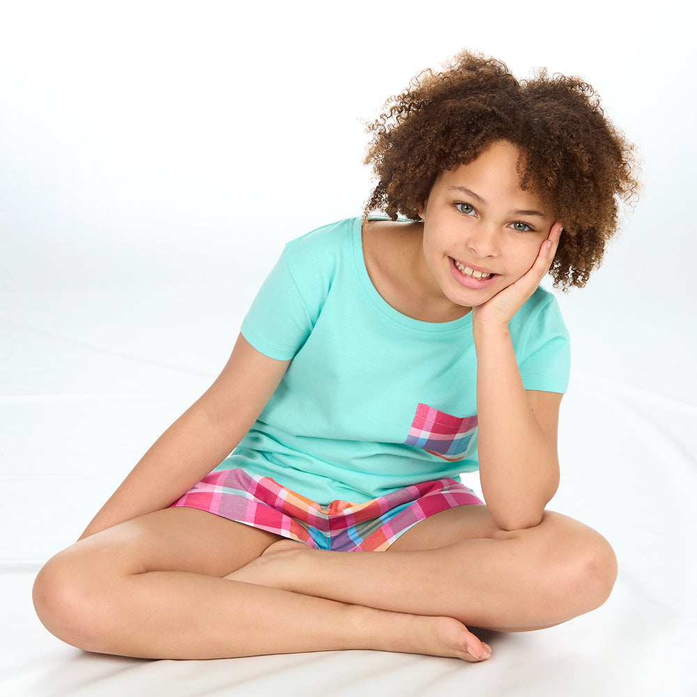 Girls Mint Checked Short Pyjama Set