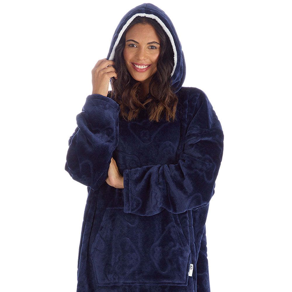 Ladies Navy Gamer Embossed Blanket Hoodie