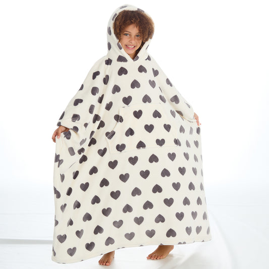 Girls Hearts Cream Poncho Hooded Blanket