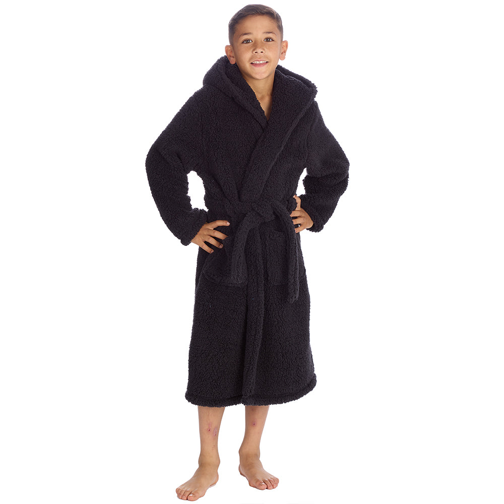 Boys Black Teddy Fleece Dressing Gown