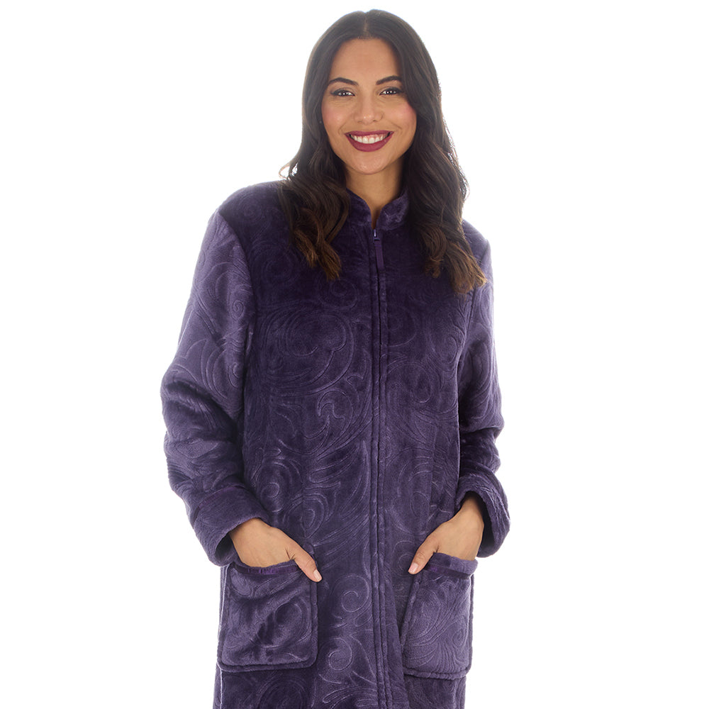 Ladies Full Zip Floral Embossed Purple Dressing Gown
