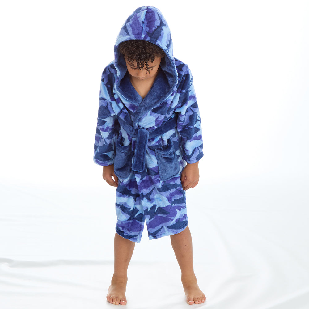 Kids Boys Camo Shark Dressing Gown