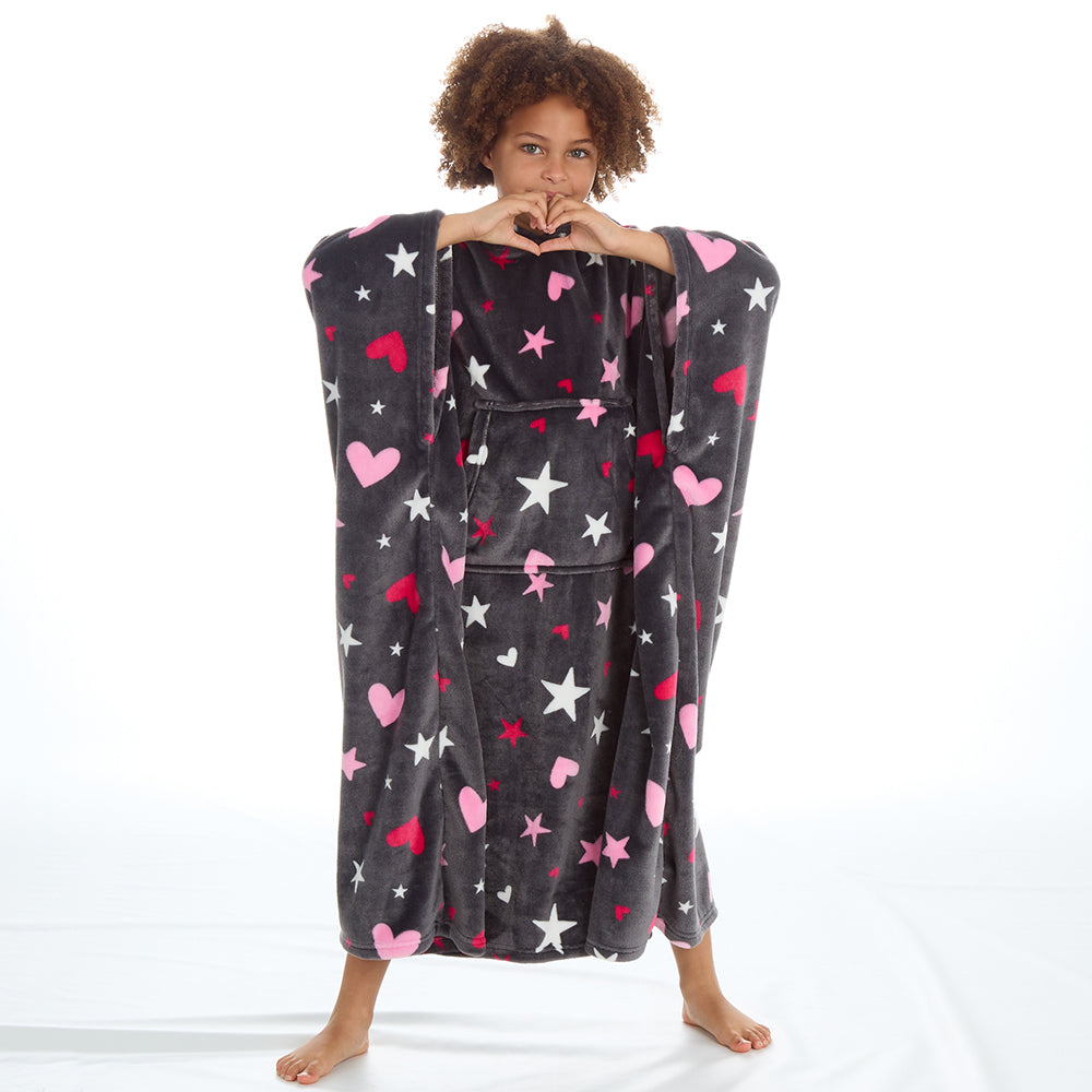 Girls Hearts Grey Poncho Hooded Blanket