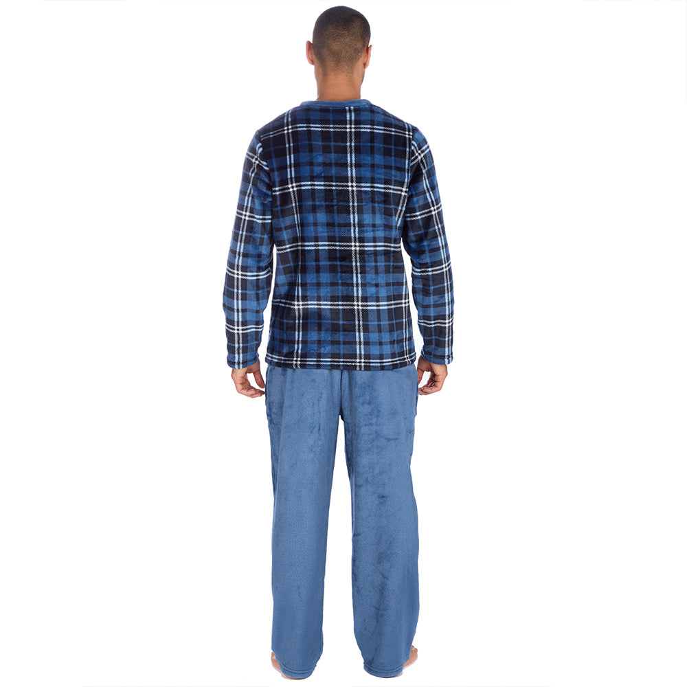 Mens Checked Blue Fleece Pyjama Set