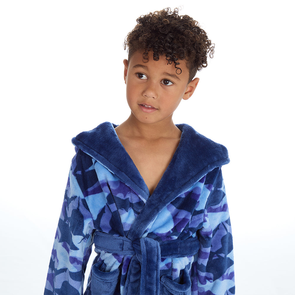 Kids Boys Camo Shark Dressing Gown