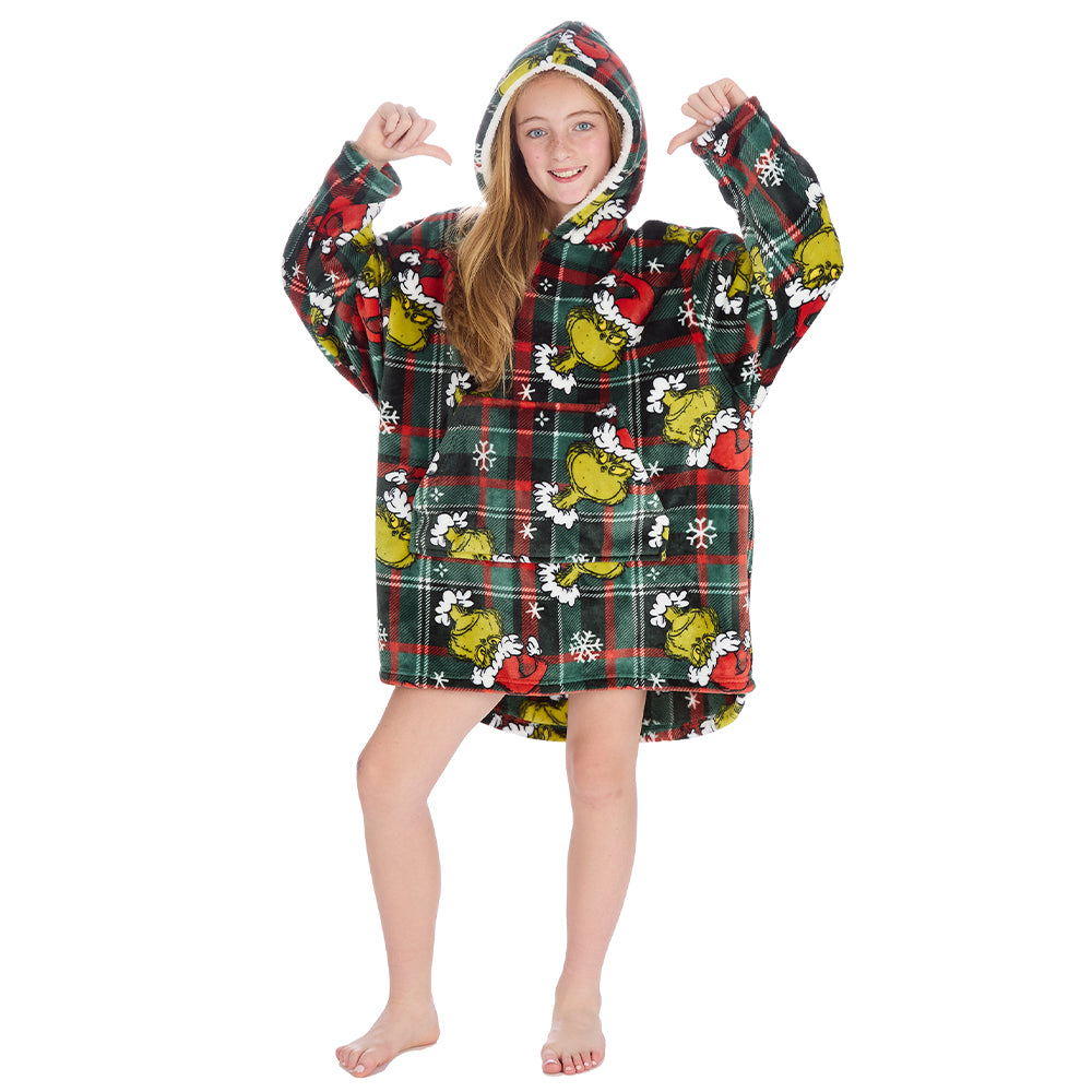 Girls Grinch Check Blanket Hoodie