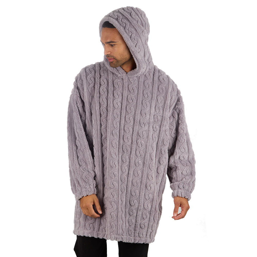 Mens Grey Cable Sherpa Fleece Blanket Hoodie