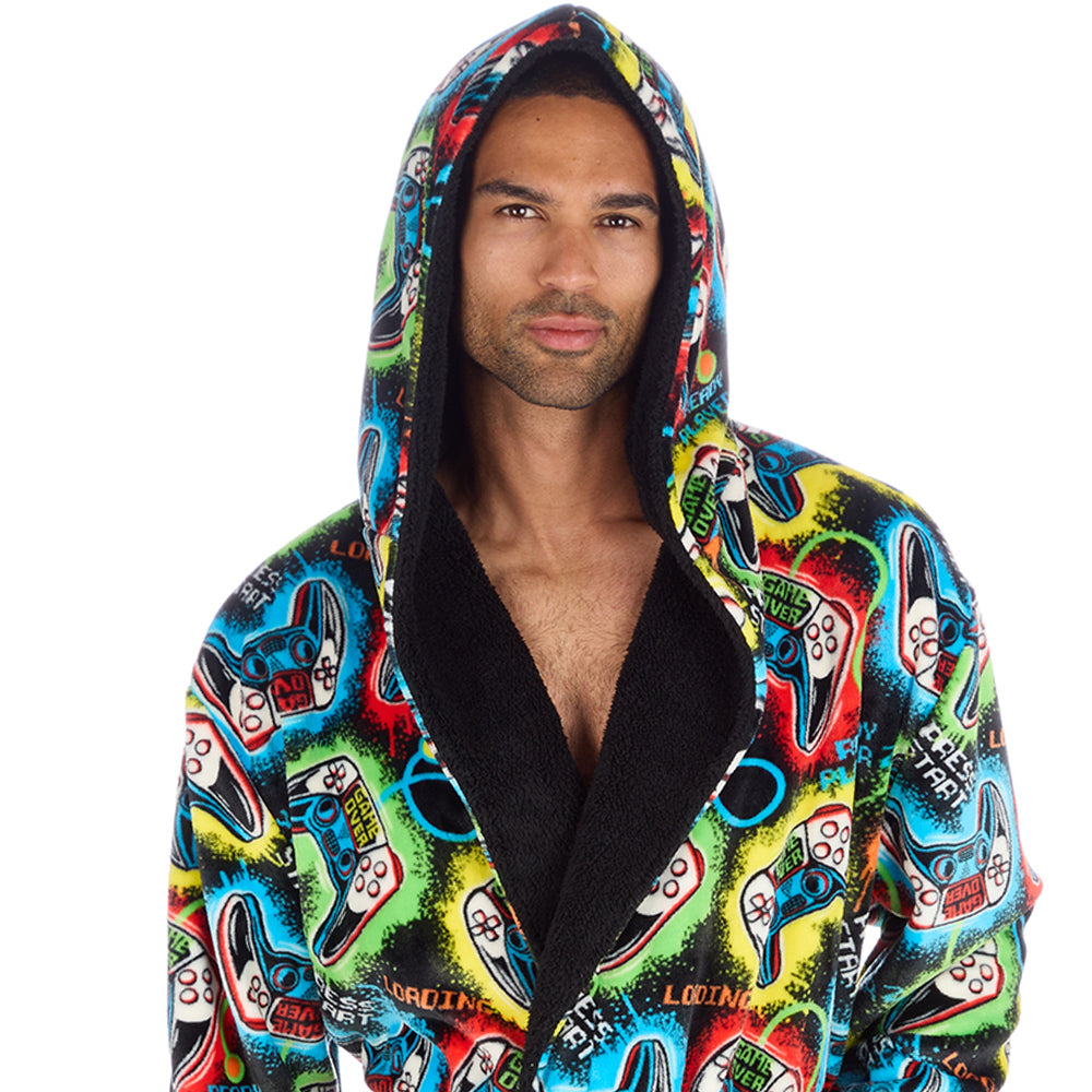 Mens Black Gamer Hooded Dressing Gown
