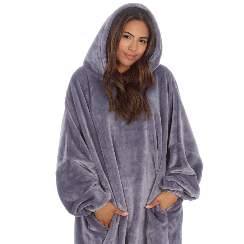 Ladies Charcoal Longline Hooded Blanket