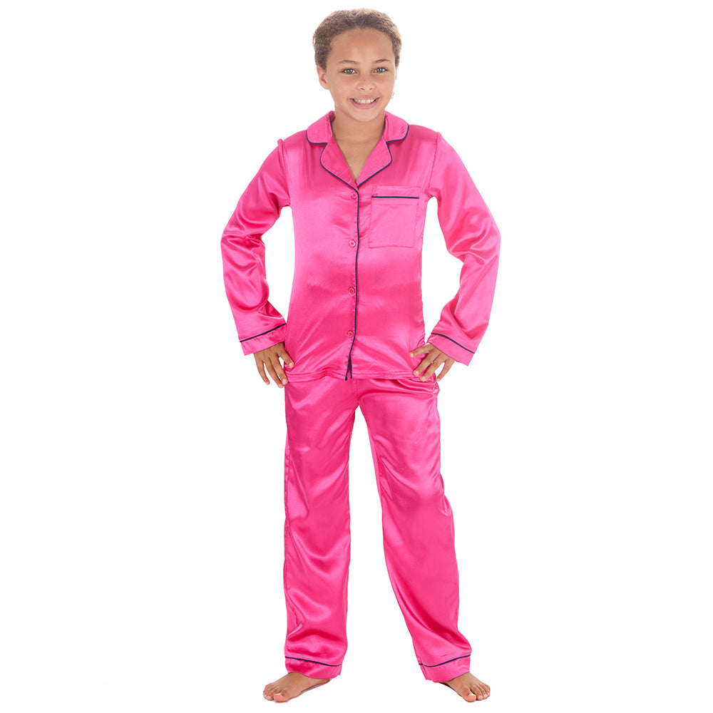 Girls Pink Silky Satin Long Pyjama Set
