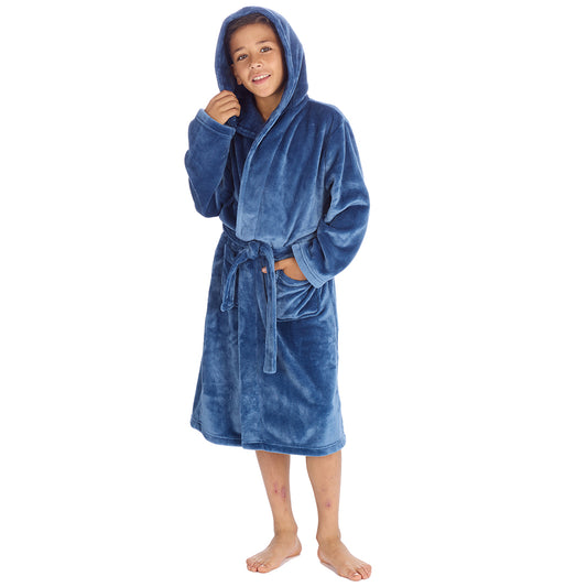 Boys Plain Blue Hooded Dressing Gown