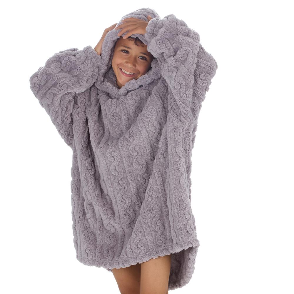 Boys Grey Cable Sherpa Fleece Blanket Hoodie
