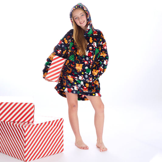 Kids Navy Christmas Fleece Blanket Hoodie