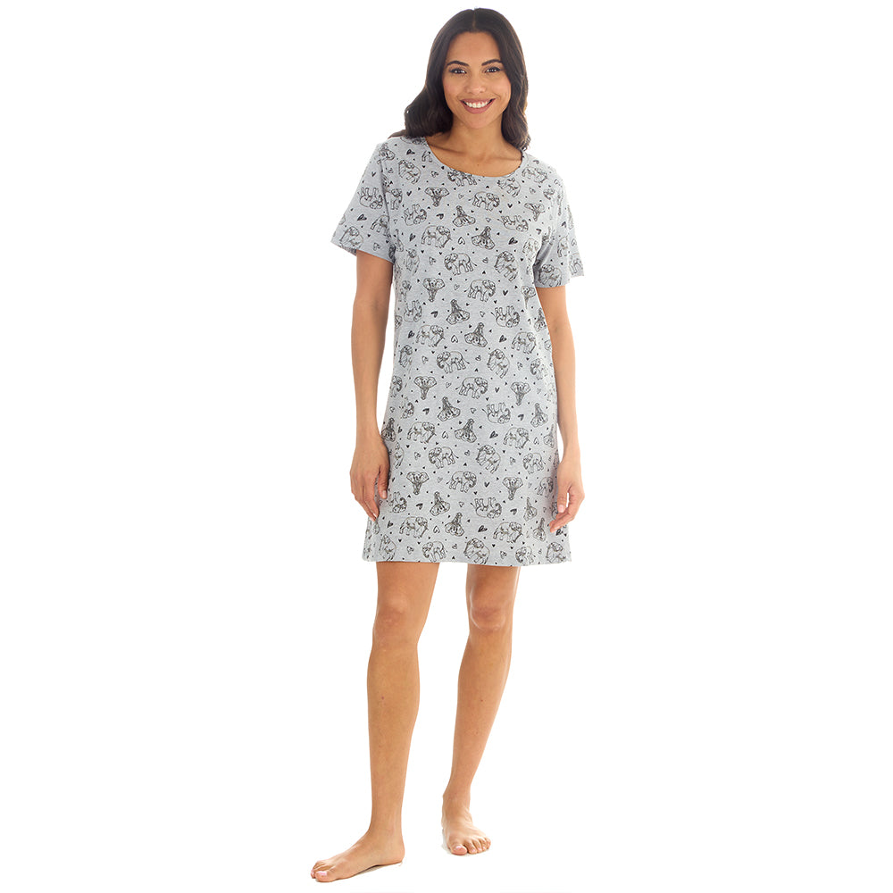 Ladies Short Sleeve Elephants Print Grey Nigthie