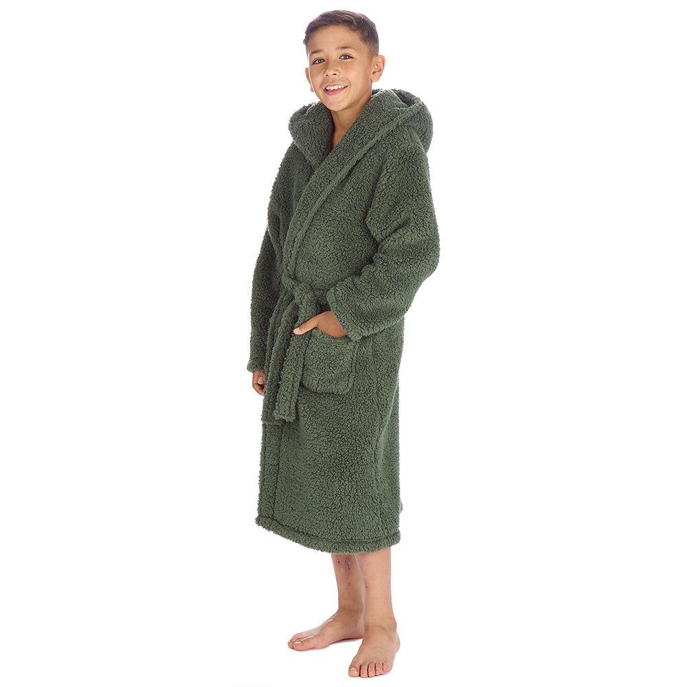 Boys Olive Teddy Fleece Dressing Gown
