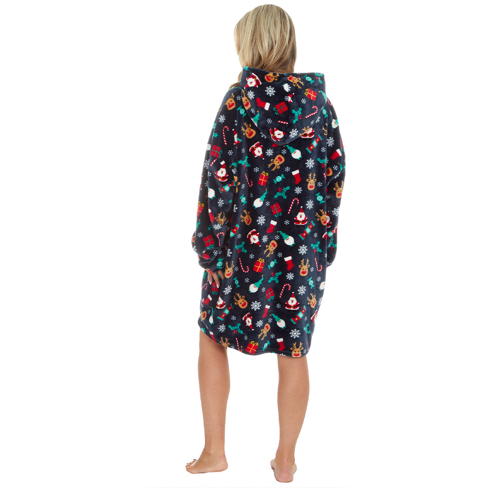 Ladies Navy Christmas Print Blanket Hoodie