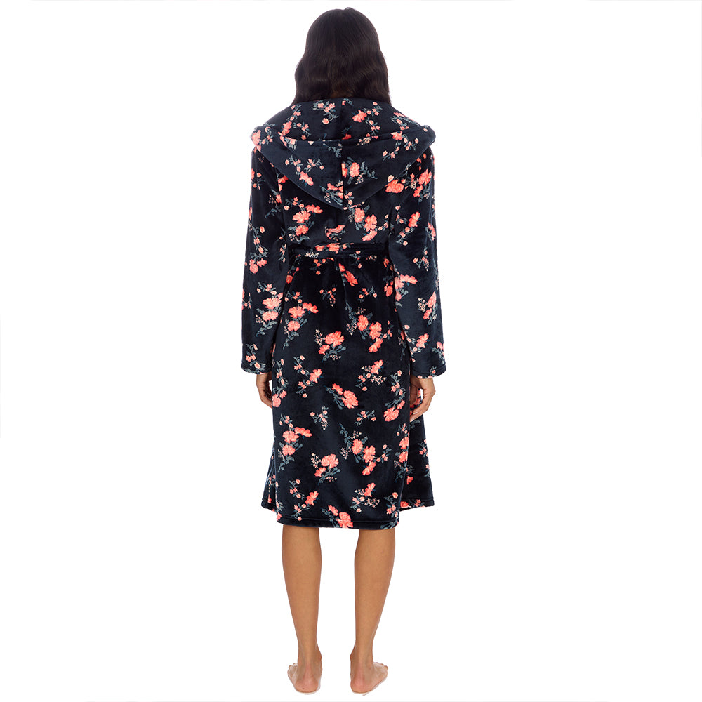 Ladies Floral Print Black Dressing Gown 