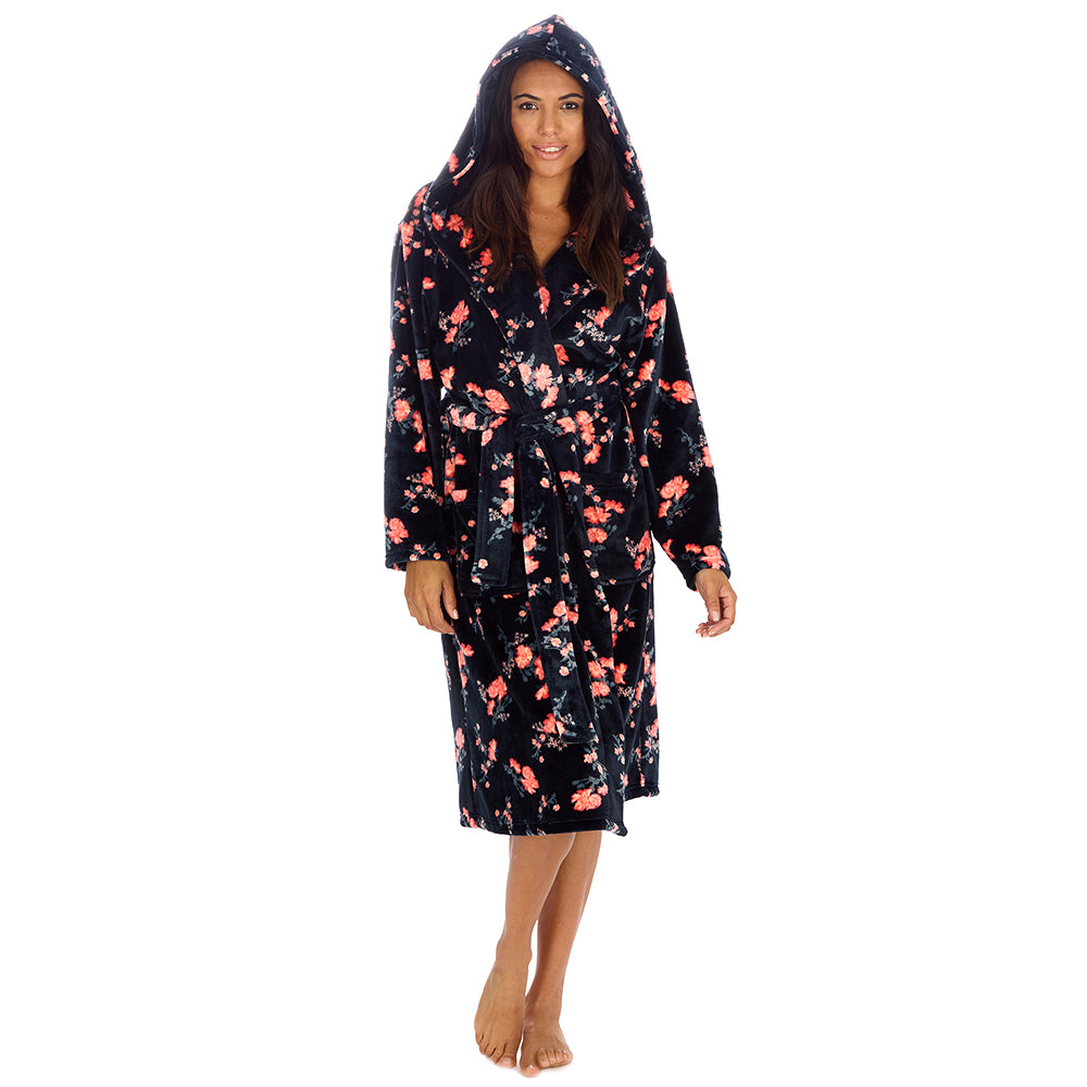 Ladies Floral Print Black Dressing Gown 