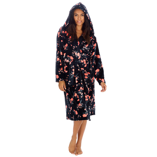Ladies Floral Print Black Dressing Gown 