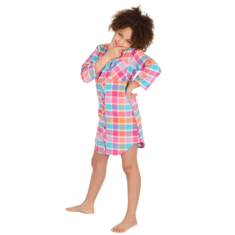 Girls Pink Check Woven Nightshirt