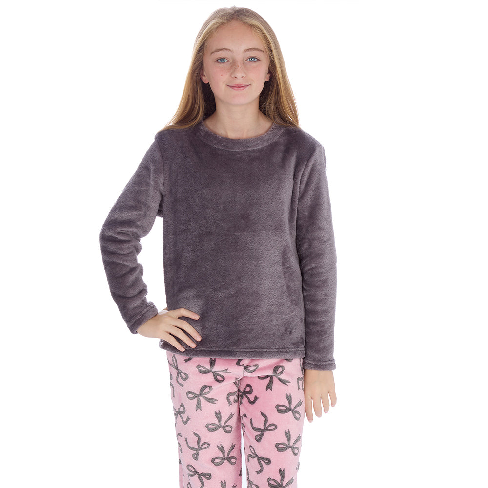Girls Grey Bows Fleece Pyjama Set