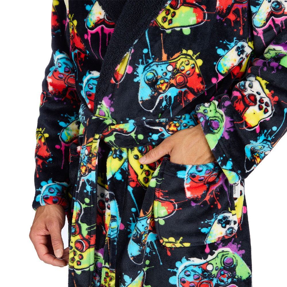 Mens Navy Gamer Hooded Dressing Gown