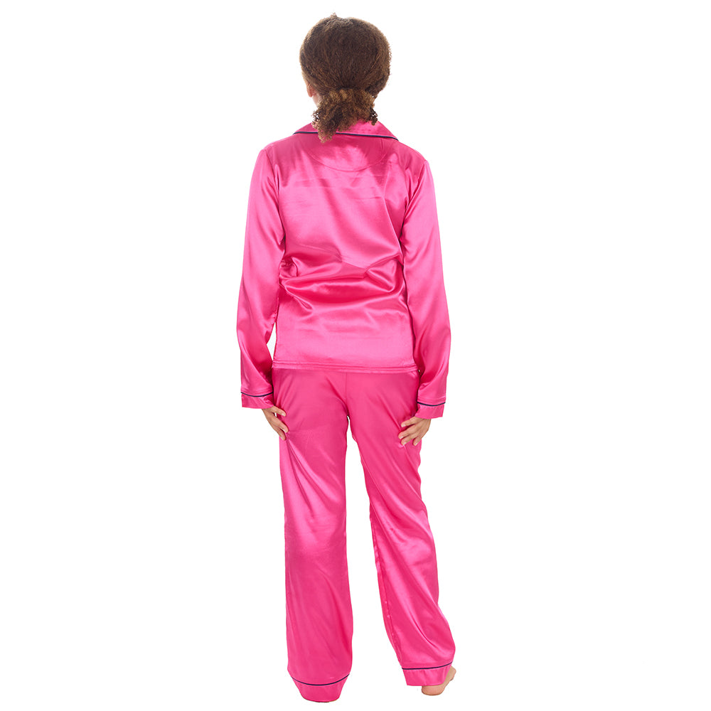 Girls Pink Silky Satin Long Pyjama Set