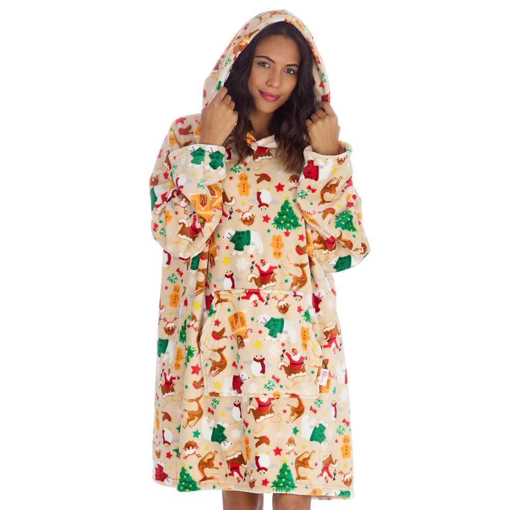 Ladies Cream Christmas Fleece Blanket Hoodie