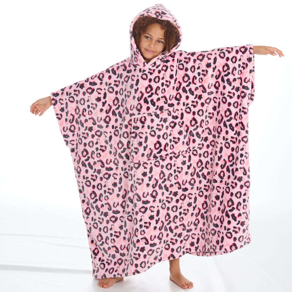 Girls Leopard Pink Poncho Hooded Blanket