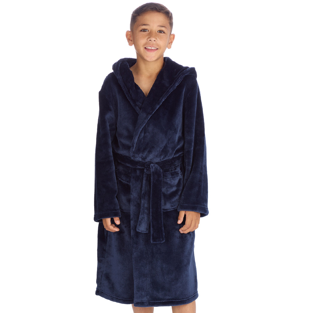 Boys Plain Navy Hooded Dressing Gown