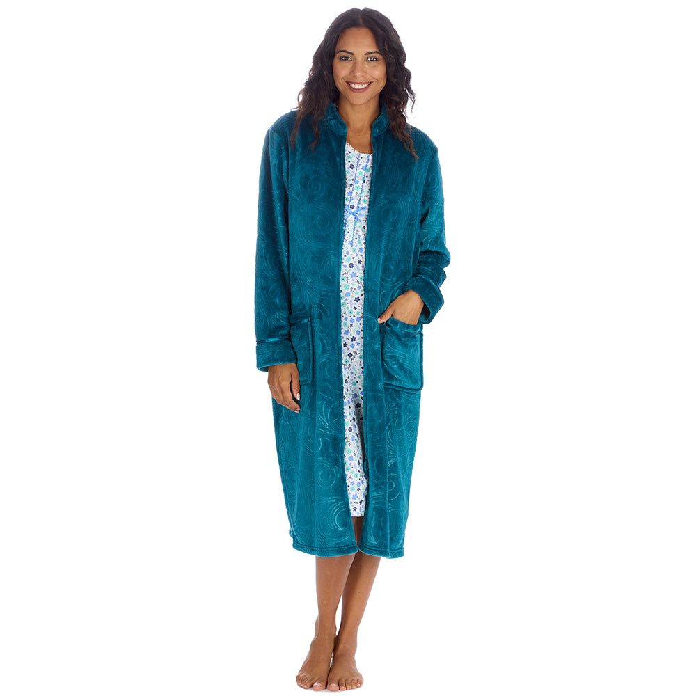 Ladies Full Zip Floral Embossed Teal Dressing Gown