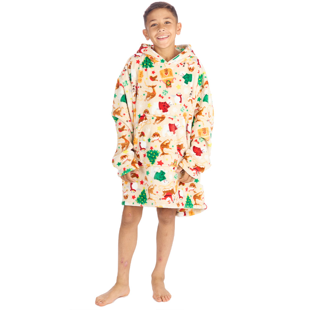 Kids Beige Christmas Fleece Blanket Hoodie