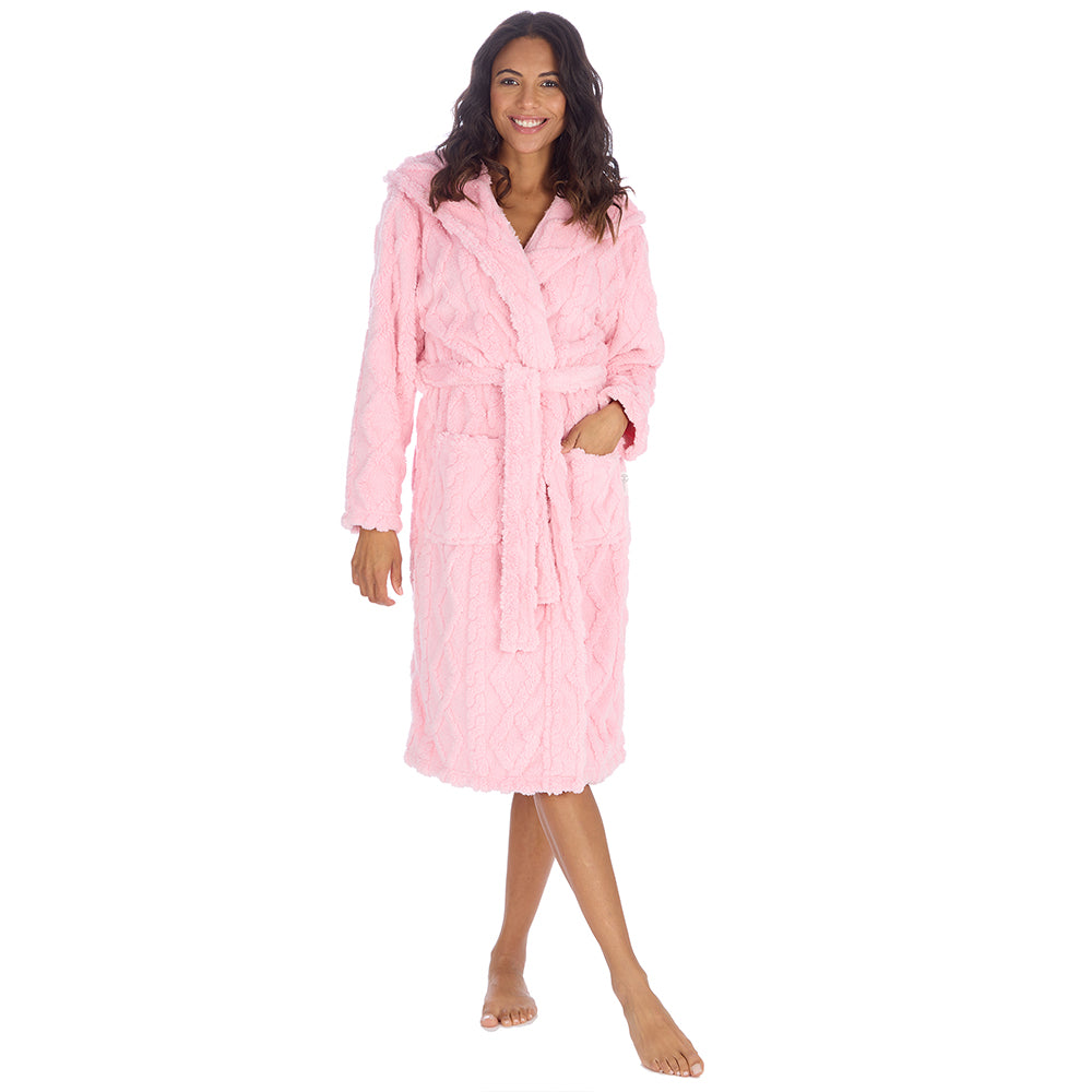 Ladies Candy Pink Jacquard Hooded Dressing Gown