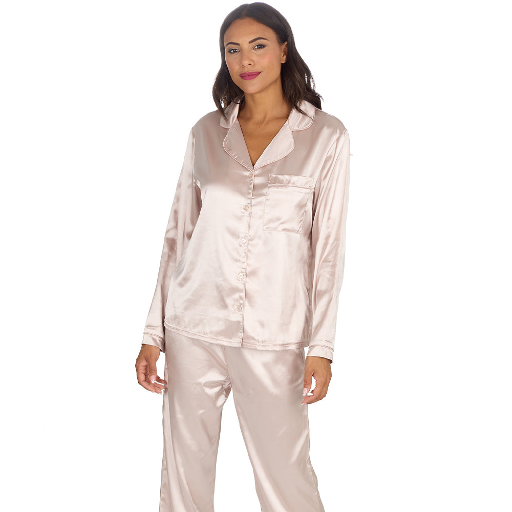 Ladies Gold Silky Satin Long Pyjama Set