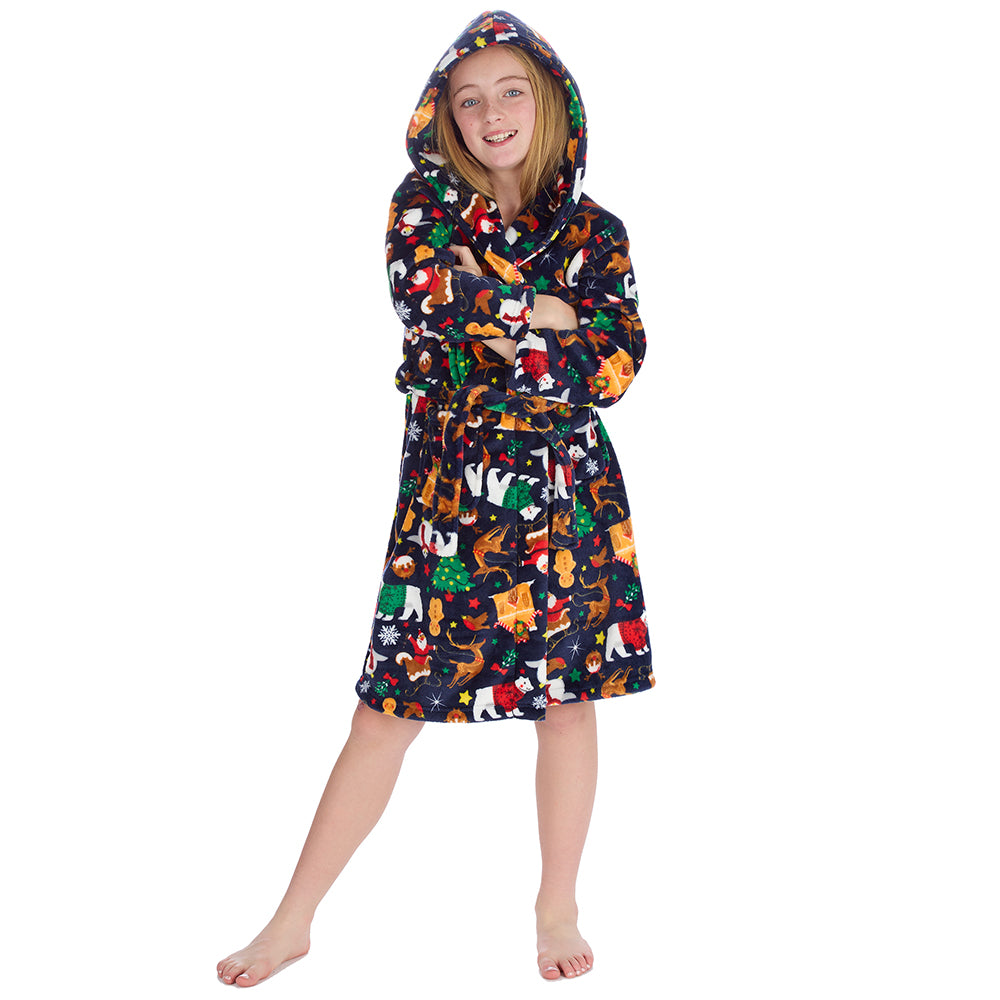 Girls Navy Christmas Dressing Gown