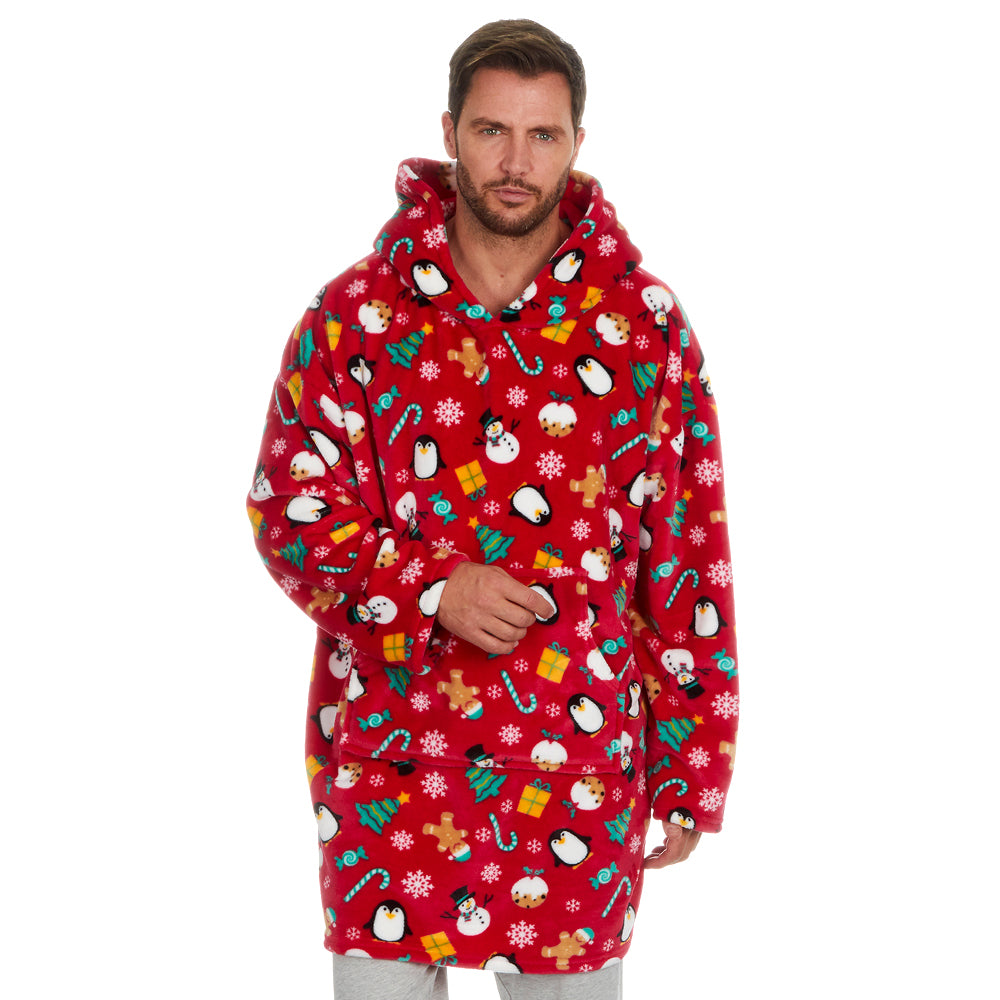 Mens Red Christmas Print Blanket Hoodie