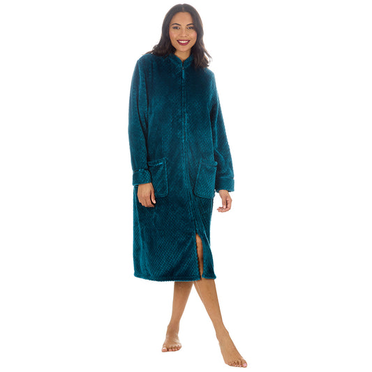 Ladies Full Zip Waffle Teal Dressing Gown