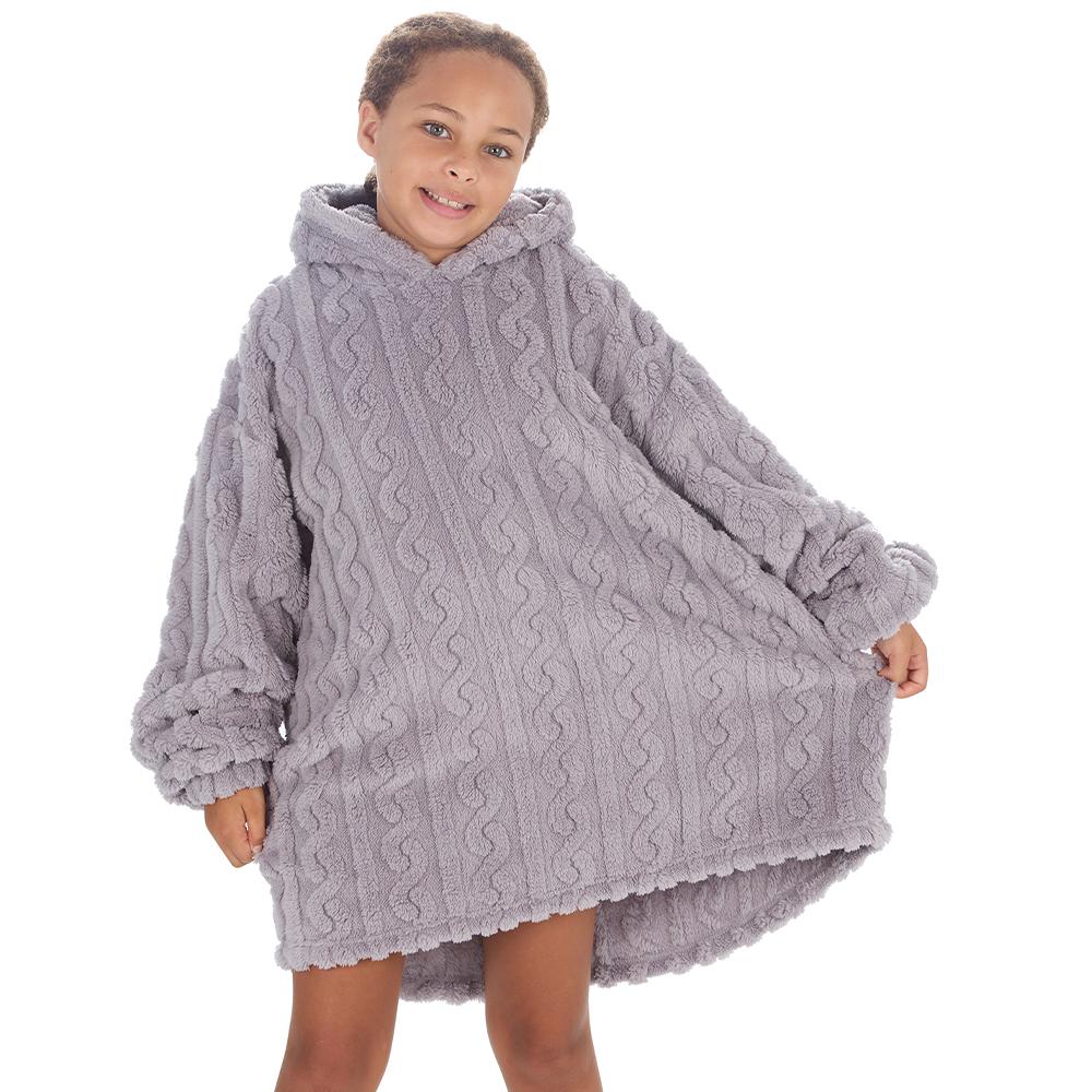 Girls Grey Cable Sherpa Fleece Blanket Hoodie