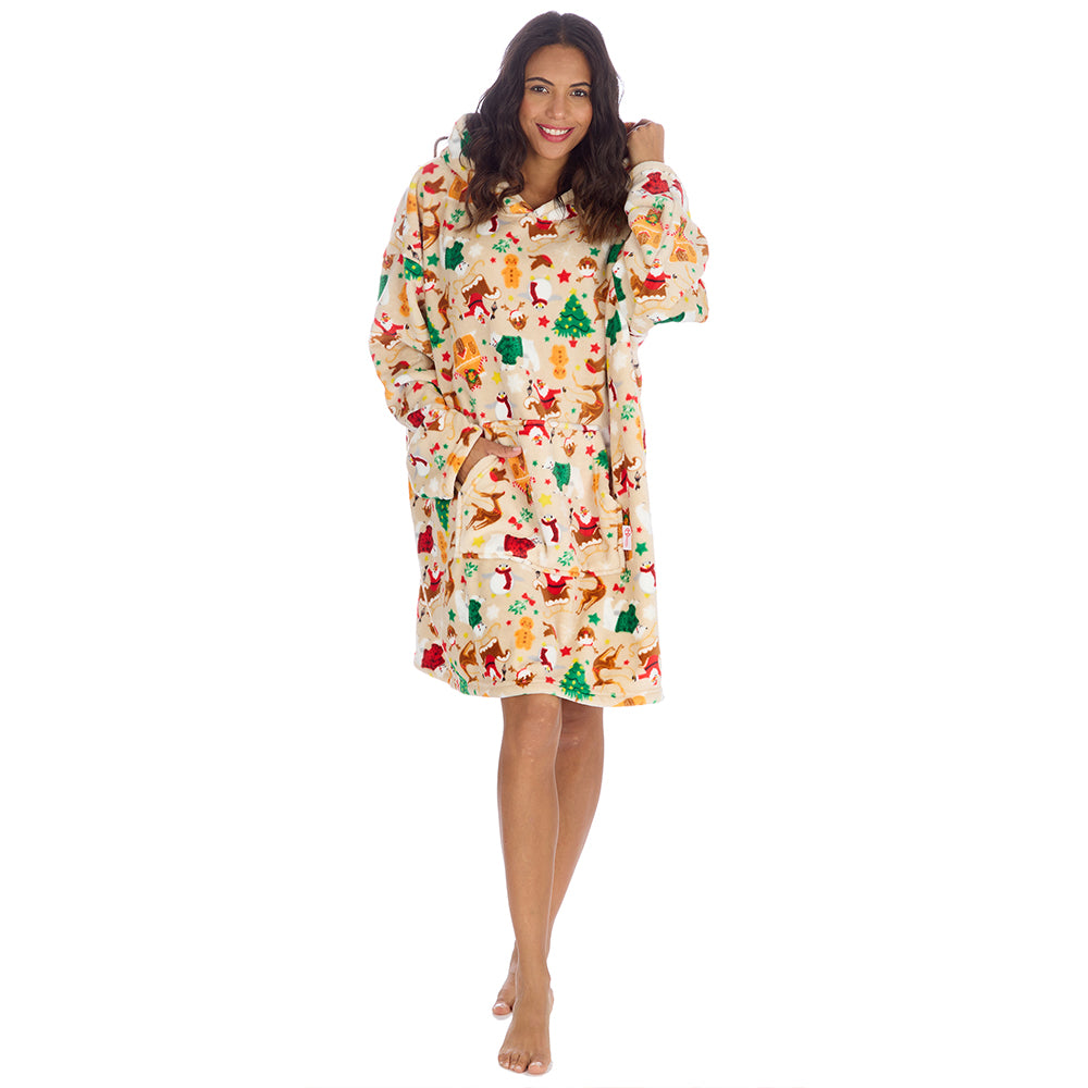 Ladies Cream Christmas Fleece Blanket Hoodie