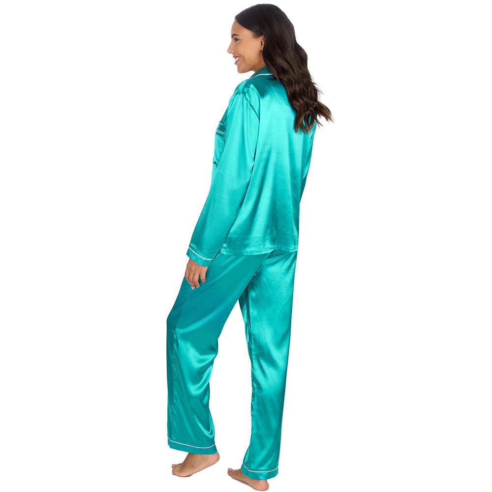 Ladies Teal Silky Satin Long Pyjama Set