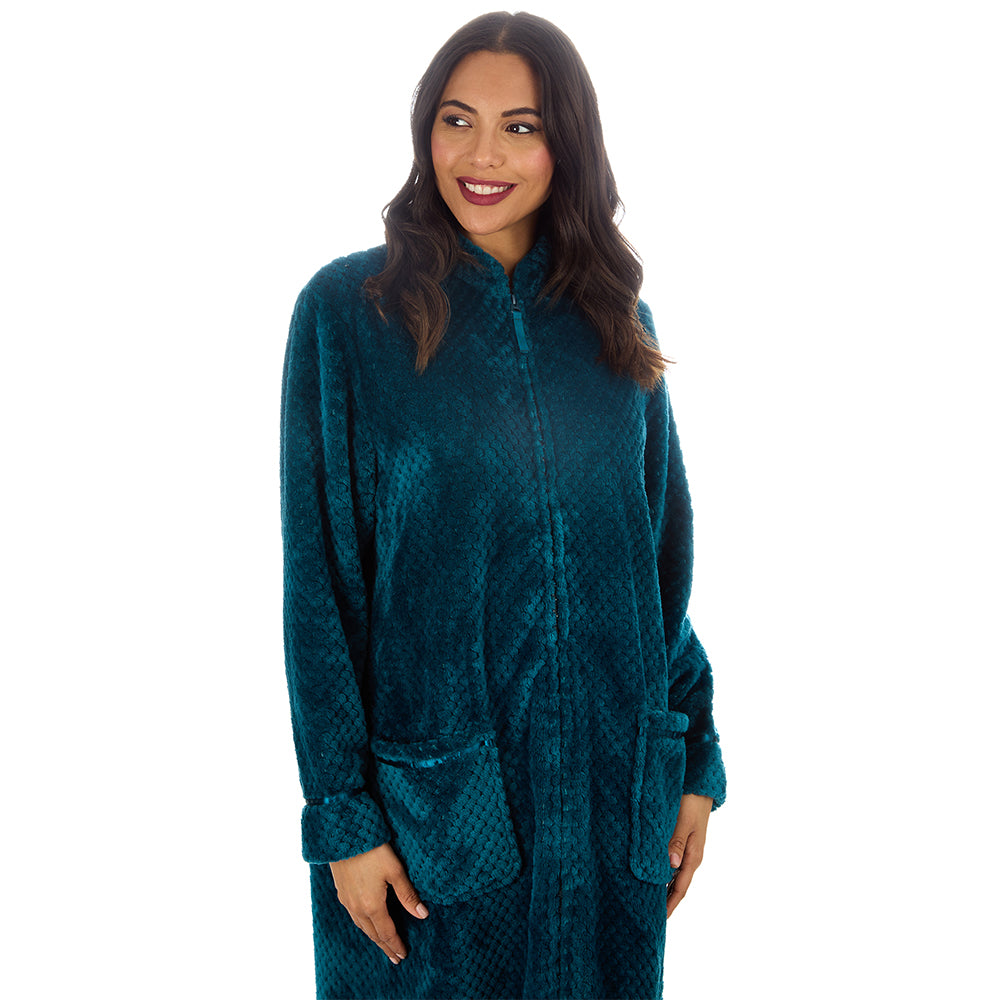 Ladies Full Zip Waffle Teal Dressing Gown