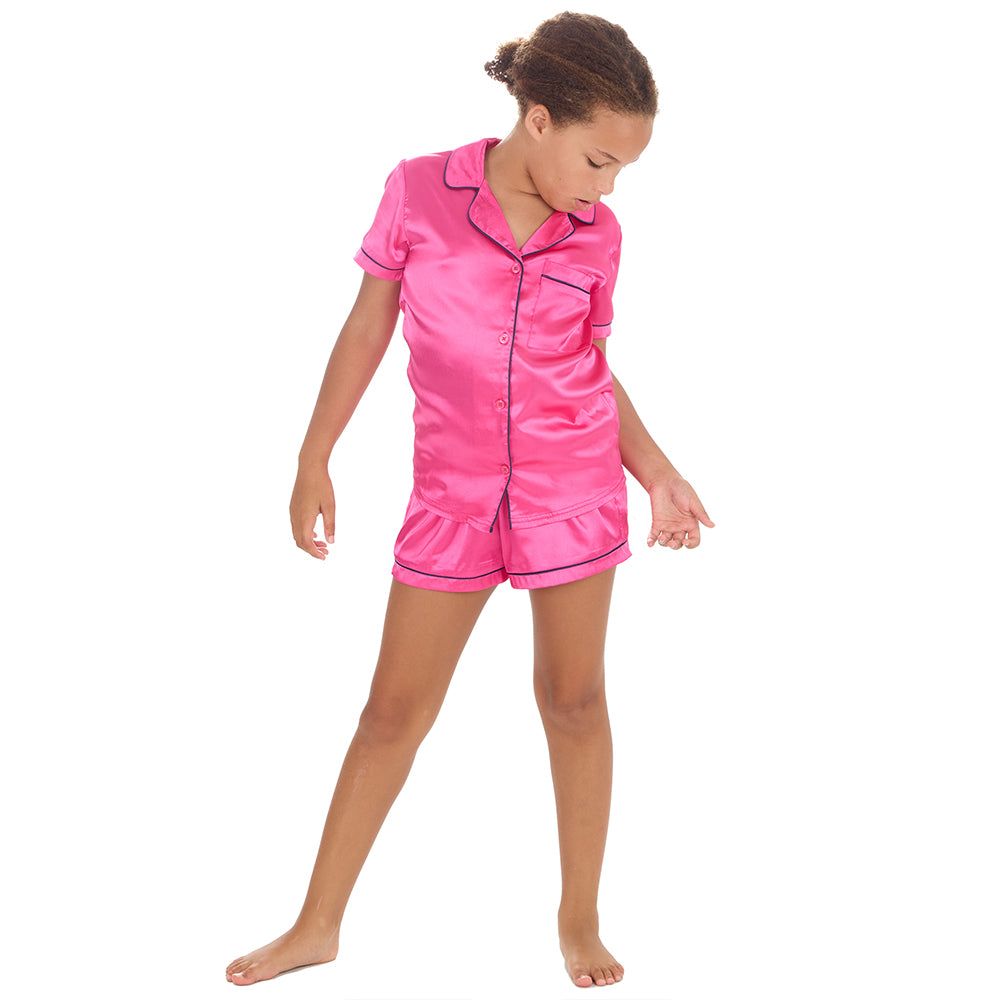 Girls Pink Silky Satin Short Pyjama Set