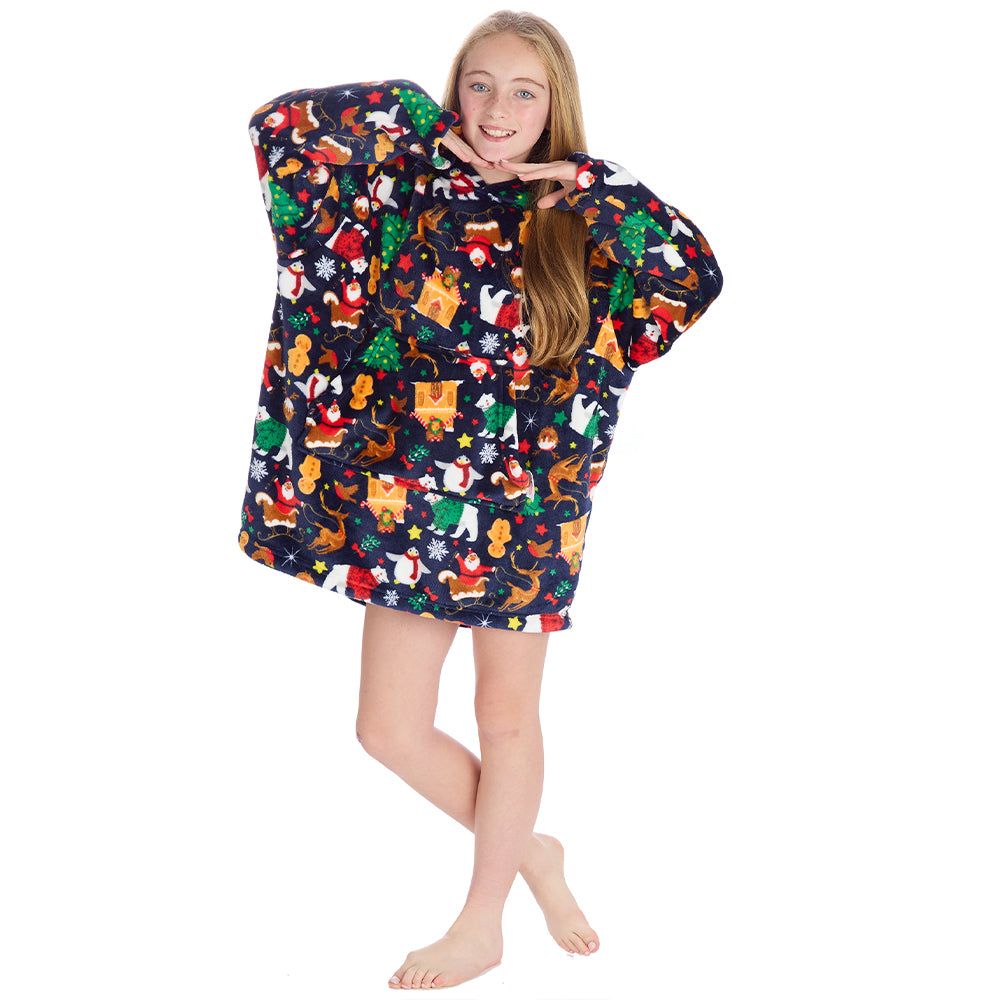 Kids Navy Christmas Fleece Blanket Hoodie